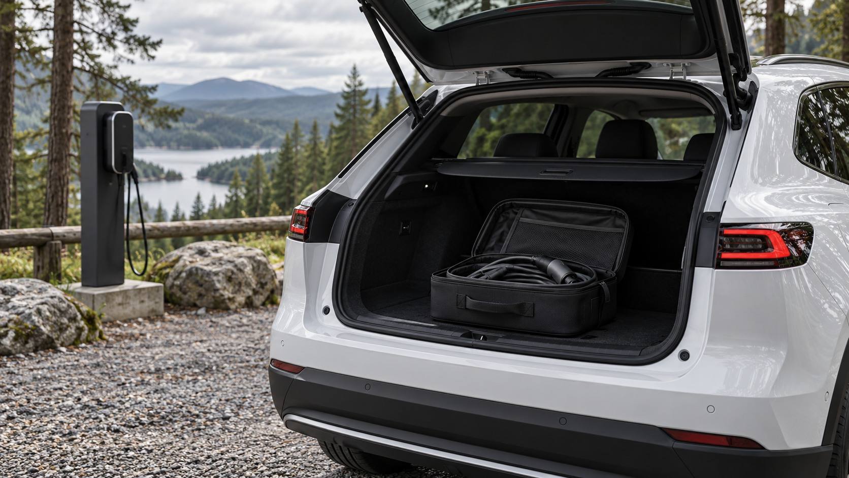 Runde anthrazitfarbene Tasche mit aufgerolltem Ladekabel im Kofferraum eines Elektroautos, dahinter eine regennasse Waldstraße
